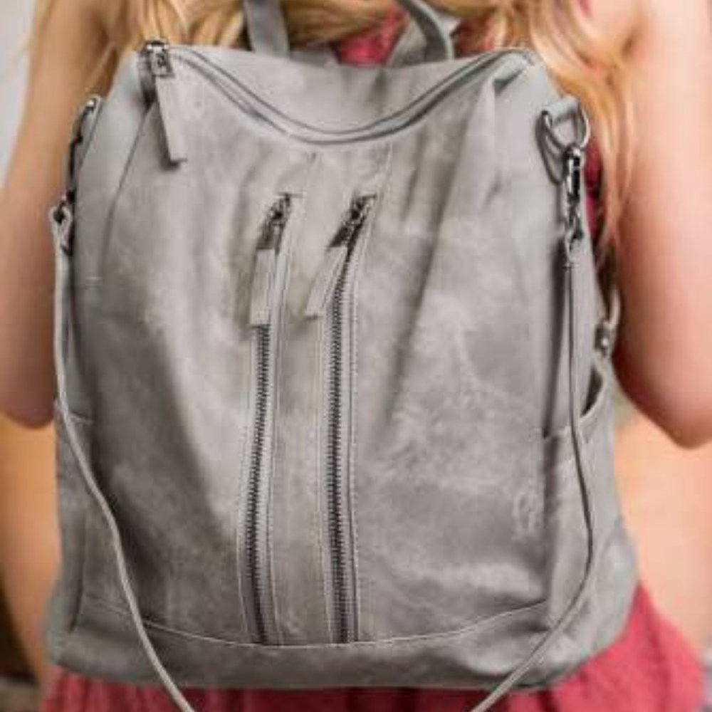 Gray Zipper Pockets Vegan Leather Backpack